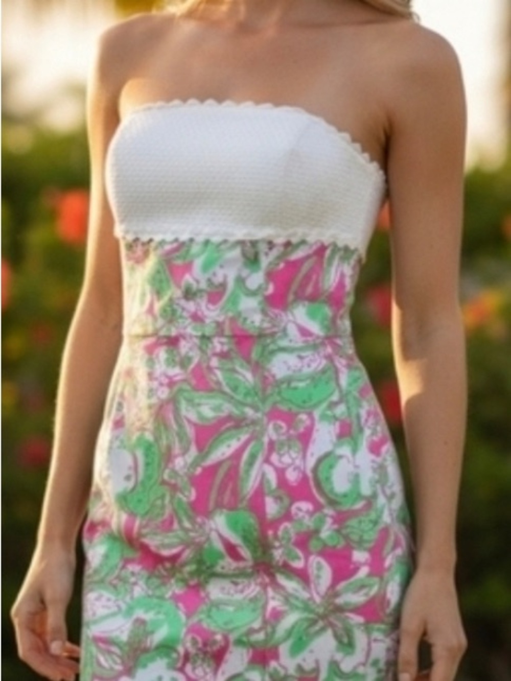 Lilly Pulitzer Strapless Floral Print Dress White, Pink & Green Women’s Size 4